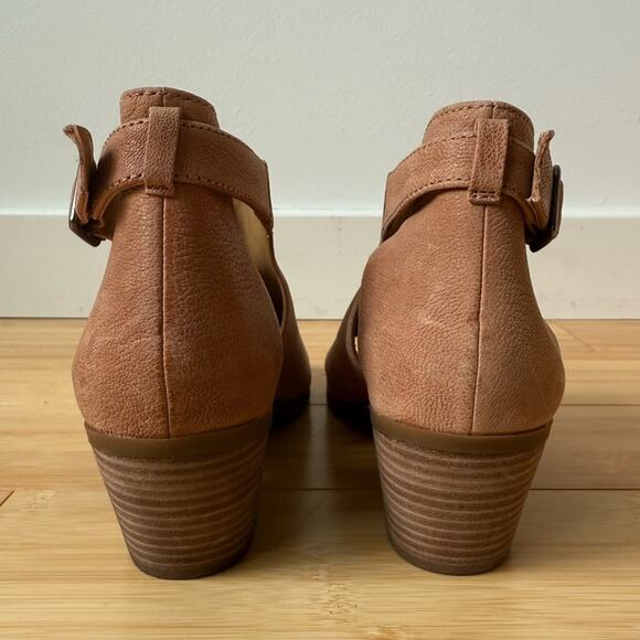 LUCKY BRAND WOMENS BARIMO PEEP TOE BOOTIES TAN LEATHER BLOCK HEEL 7.5 - Picture 6 of 10